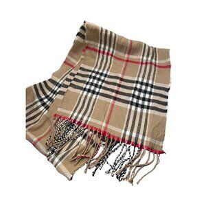 Plaid Acrylic Scarf With Fringe Brown Back White Red Plaid 66" x 12.5" NWOT
